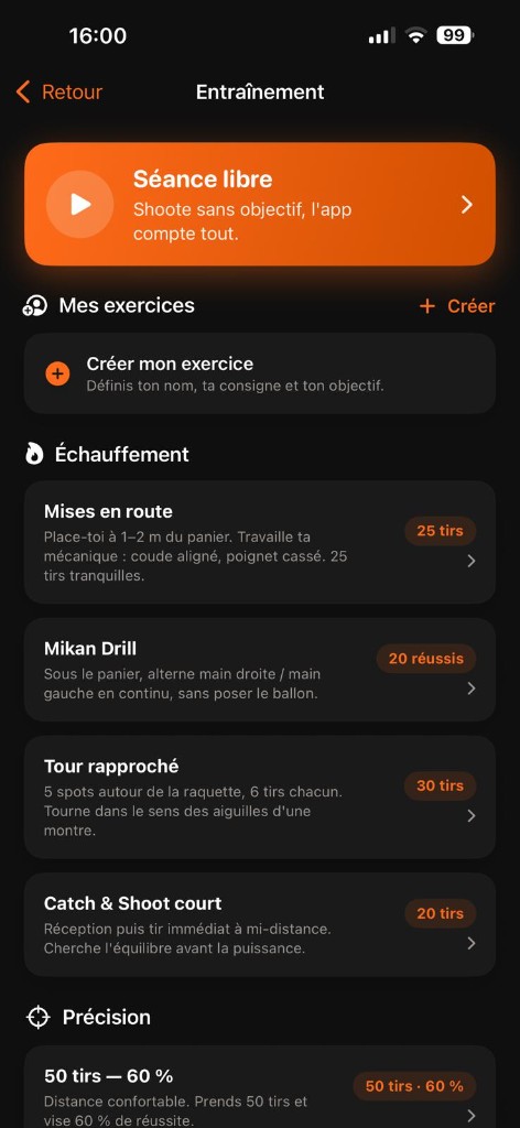 Écran Entraînement de Layball : séance libre, exercices d'échauffement et de précision avec objectifs de tirs.