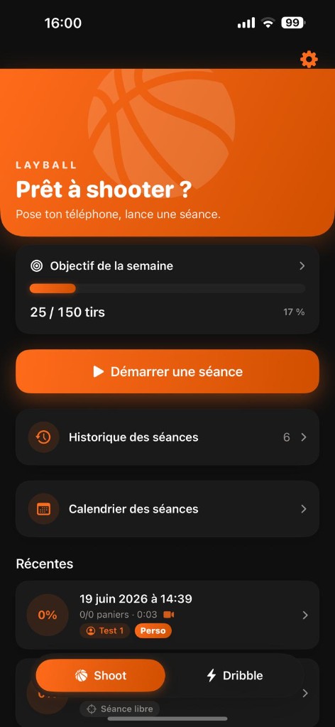 Écran d'accueil de l'app Layball : « Prêt à shooter ? », objectif de la semaine et bouton démarrer une séance.